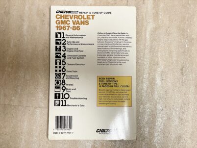 Part No. 6930 CHILTON BOOK /COMPANY REPAIR & TUNE-UP GUIDE CHEVROLET and GMC VANS 1967-86 All U.S. and Canadian models of 1/2, 314 and 1 ton Vans, including Cutaway, Motor Home Chassis and diesel engines