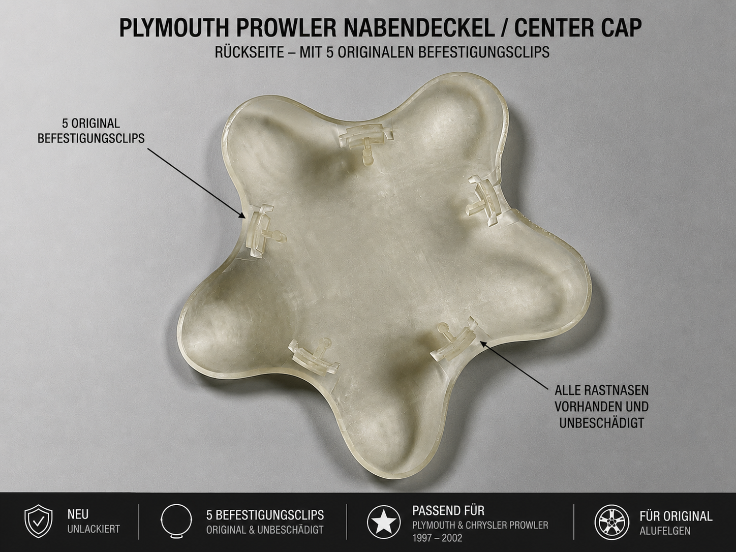Prowler Nabendeckel Produktübersicht Plymouth Prowler Nabendeckel Nachfertigung mit eingezeichneten Befestigungspunkten und Produktinformationen